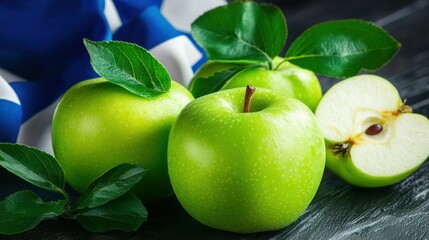 Fresh green apples with leaves resting on dark surface and backdrop