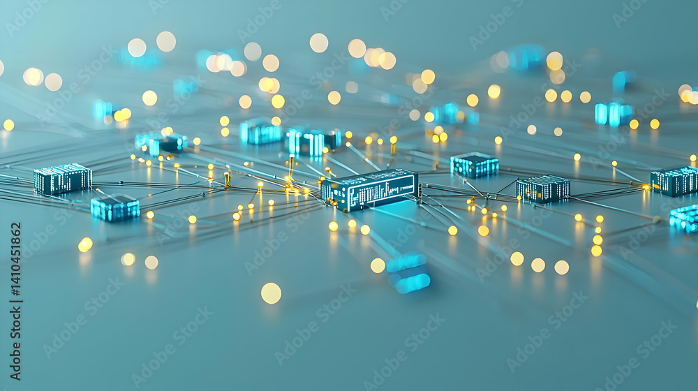 Poster abstract technology circuit design with glowing cubes and lines