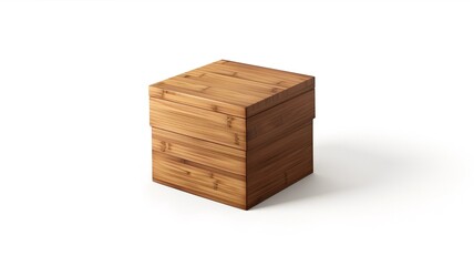 Photorealistic image of a bamboo monitor riser with stacking lid on a white background