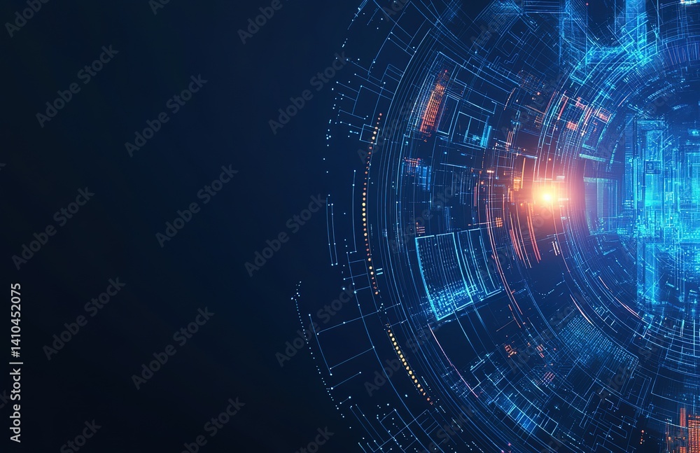 Poster abstract tech circuitry with glowing center point digital information processing