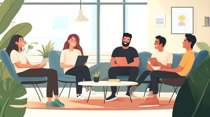 Collaboration and Cohesion: A collection of individuals gathered for a meeting, seated in a modern, cozy setting, and engaged in lively conversation. The image radiates collaboration, cooperation.