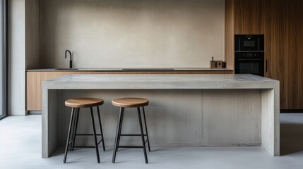 Modern kitchen interior with island seating and built in appliances