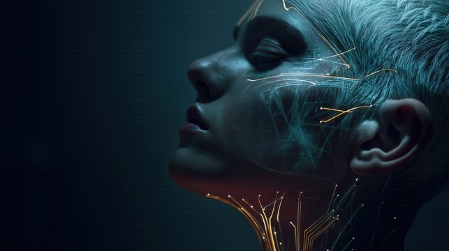 Cybernetic Portrait with Glowing Neural Patterns banner with copy space