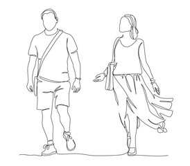 Man and woman talking and walking. Continuous line drawing. Black and white vector illustration in line art style.