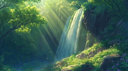 A lush waterfall flows with sunlight through the forest canopy