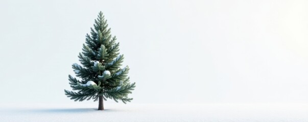 Obraz premium Single isolated pine tree standing alone on a snowy white background, solitary, winter