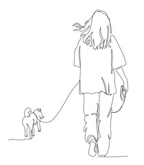 Young woman with dog walking away. Back view.  Black and white vector illustration in line art style.