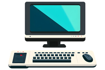 Fototapeta premium Retro computer with monitor, wide keyboard, and mouse, displayed against transparent background