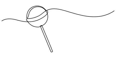 Continuous line drawing of lollipop, spiral hard sugar candy on stick. Vector sketch of round caramel with striped swirls in one black contour isolated on white background, One line Lollypop. Simple.