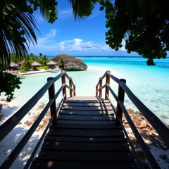 Obraz premium Wooden steps leading down to a pristine tropical beach with turquoise water, destination, summer
