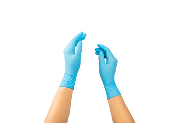 Medical nitrile gloves isolated on white background. Surgical latex gloves. Rubber gloves production. Doctor or nurse putting on protective gloves. Medicine concept. Sterility, protection.