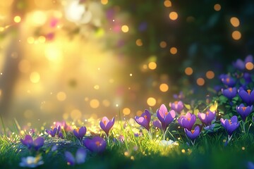 Blooming purple crocus flowers in a sunlit meadow creating a magical spring scene