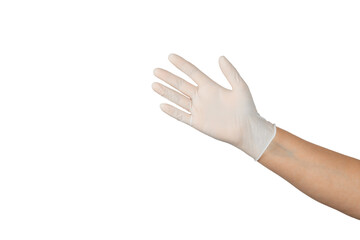 Medical nitrile gloves isolated on white background. Surgical latex gloves. Rubber gloves production. Doctor or nurse putting on protective gloves. Medicine concept. Sterility, protection.