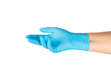 Medical nitrile gloves isolated on white background. Surgical latex gloves. Rubber gloves production. Doctor or nurse putting on protective gloves. Medicine concept. Sterility, protection.