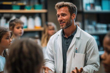 Fototapeta premium Man in lab coat engaging with children, pointing at microscope. Bright classroom setting with diverse group of students. Education and science exploration.