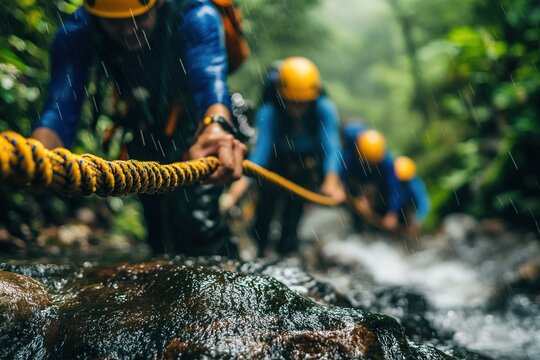 Rappelling adventure: teamwork in rain through a lush jungle canyon with rope