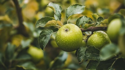 Obraz premium A close up of green apples growing on a tree branch