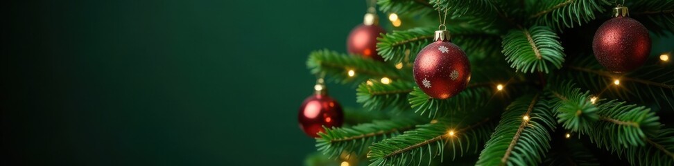 Naklejka premium Dense green Christmas tree with glass baubles and twinkling string lights, Shiny Lights, Winter Wonderland