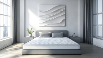 Minimal bedroom with only a mattress and large abstract piece 