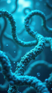 A microscopic image of a glucose molecule bound to GLP-1, showcasing its molecular interaction in vibrant blue hues against a dark backdrop.
