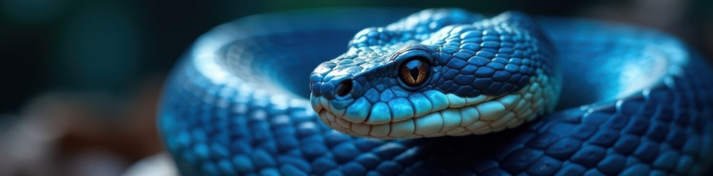 Snake's face close-up featuring Blue viper snake's head and eyes, venomous snake, sss sound