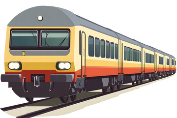 Fototapeta premium Train image showing multiple coaches moving on tracks, using a vibrant yellow and red color scheme