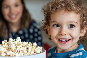 Popcorn microwave snack time Happy child enjoying popcorn with a smiling adult in the background.