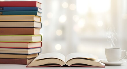 Fototapeta premium Here are five descriptive phrases/keywords:Colorful stacks of books with an open book and a warm beverage.