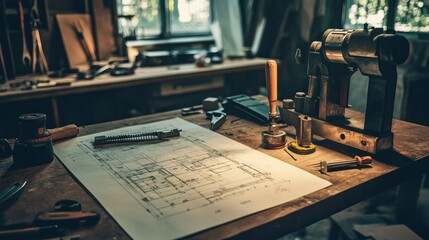 Architectural plans and tools are arranged on a wooden workbench