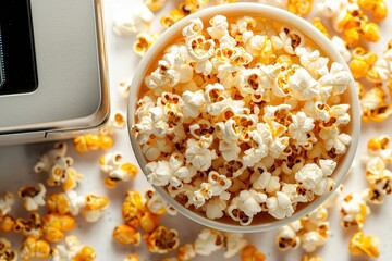 Obraz premium Popcorn microwave snack time Bowl of popcorn surrounded by scattered kernels on a white surface.