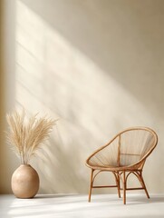 Serene Rattan Chair and Pampas Grass - A stylish rattan chair sits in a sunlit room, next to a vase of pampas grass, creating a calm and minimalist aesthetic