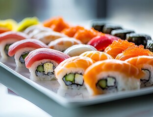 Assorted sushi platter showcasing various rolls, nigiri, and sashimi