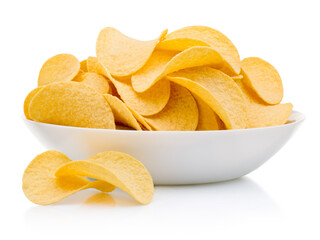 Potato chips in plate isolated on white background