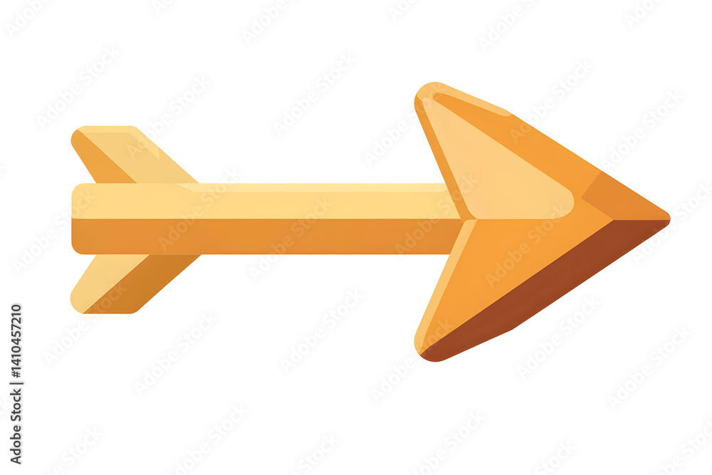 Poster golden arrow pointing right with angled tail. shines with yellow shades on a transparent background