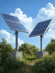 Obraz premium Solar Panels in a Verdant Garden - Two solar panels stand tall in a lush green garden, symbolizing renewable energy, environmental sustainability, technological advancement, natural harmony