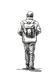Obraz premium Hand-drawn vector illustration of a man walking with a backpack, viewed from behind. Black and white sketch with hatching, isolated on white. Ideal for travel, lifestyle, and urban concepts