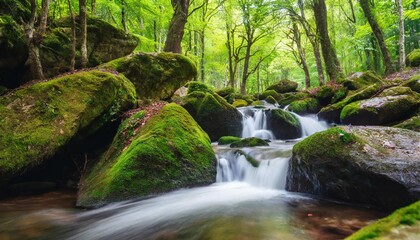 Fototapeta premium Mossy Rock Formation in Lush Forest Photography Style
