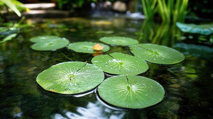 Several green lily pads float in the water showing reflections