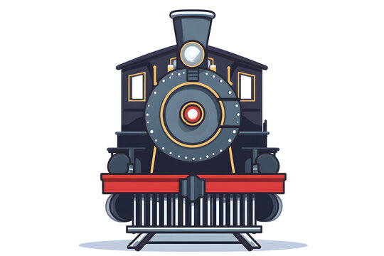 Classic front train view dark, big engine, round light, red bumper, with transparent background