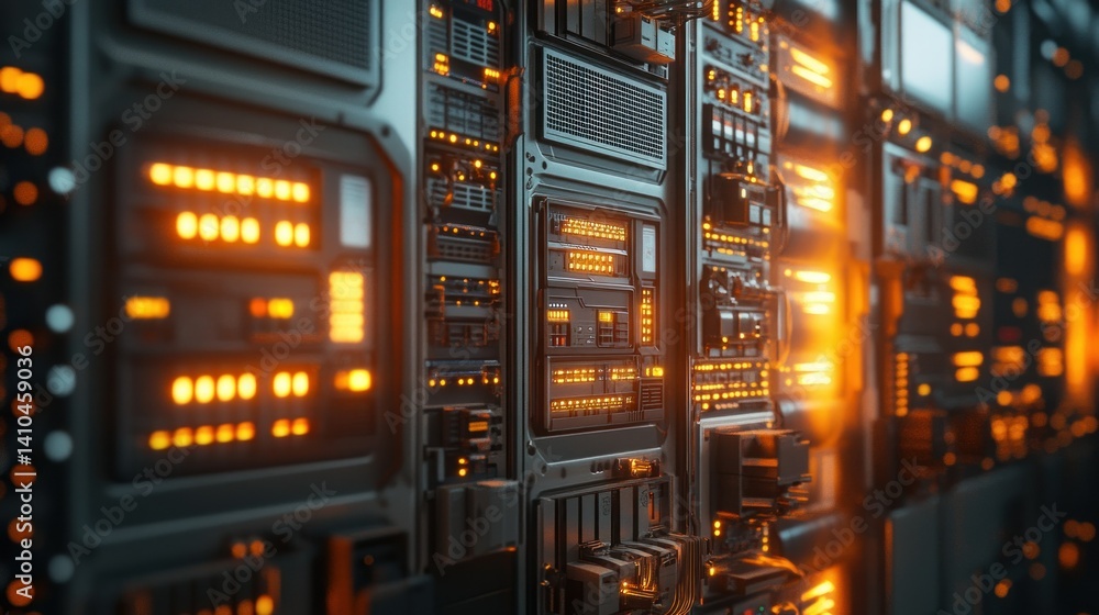 Poster a close view of a data center server rack displays lights