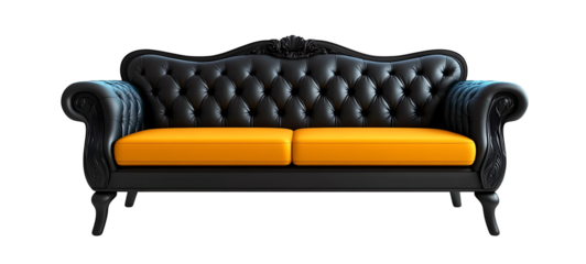 A comfortable black and orange sofa on a transparent background, high resolution PNG file