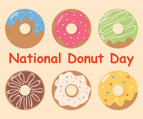 National donut day poster. Doughnuts with icing and colorful sprinkles set. Sweet donuts shops, bakery flyers, banners, leaflet. 