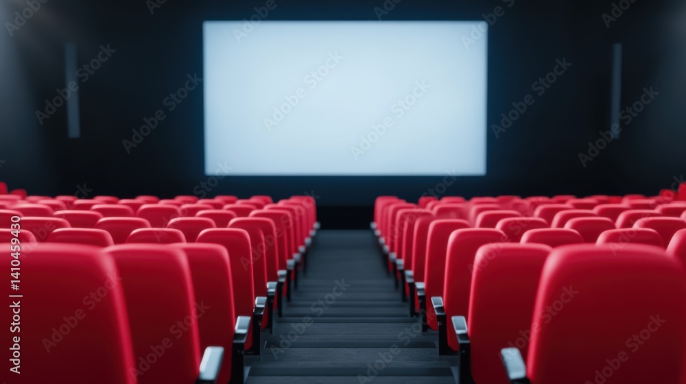 Poster red theater seats with empty screen in background for movie viewing experience and cinema atmosphere