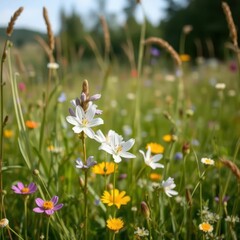 Fototapeta premium Delicate Campanula blossoms amidst a meadow of wildflowers and grasses, wildflower mix, bluebells