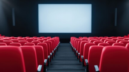 Obraz premium Red Theater Seats with Empty Screen in Background for Movie Viewing Experience and Cinema Atmosphere