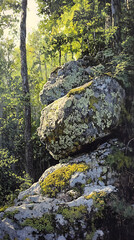 Lichen-Covered Rock: Nature's Artistry and Resilience in a Forested Sanctuary