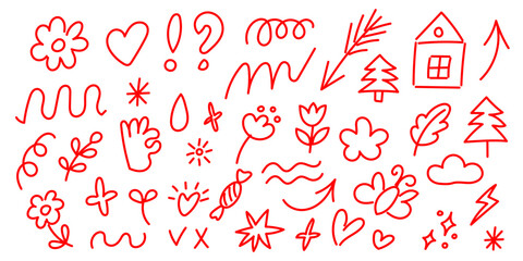 Colorful red doodles showcasing flowers, hearts, and whimsical designs in creative layout