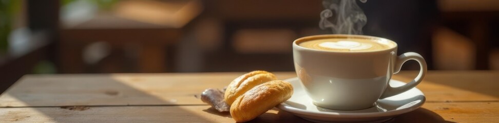 Coffee cup with steaming coffee and sweet pastry box on a wooden table, wood, food
