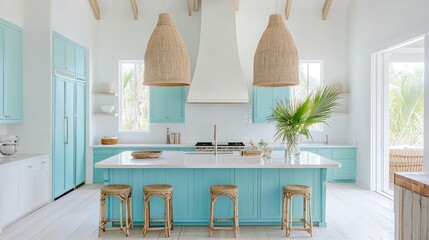 A bright and modern kitchen with island and pendant lights