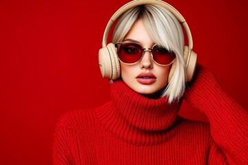 A woman wearing a red sweater and headphones